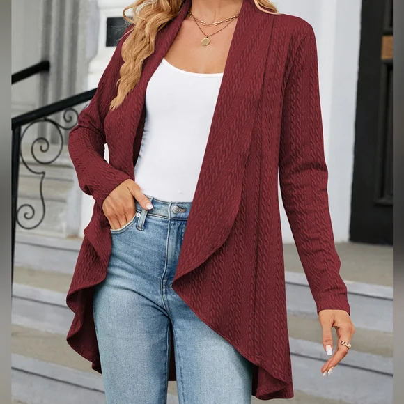 Burgundy Lightweight Open Front Cardigan - Picture 2 of 11